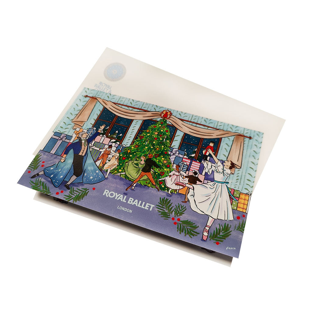 Greeting card with a Nutcracker ballet design and &#39;Royal Ballet London&#39; text on a white background