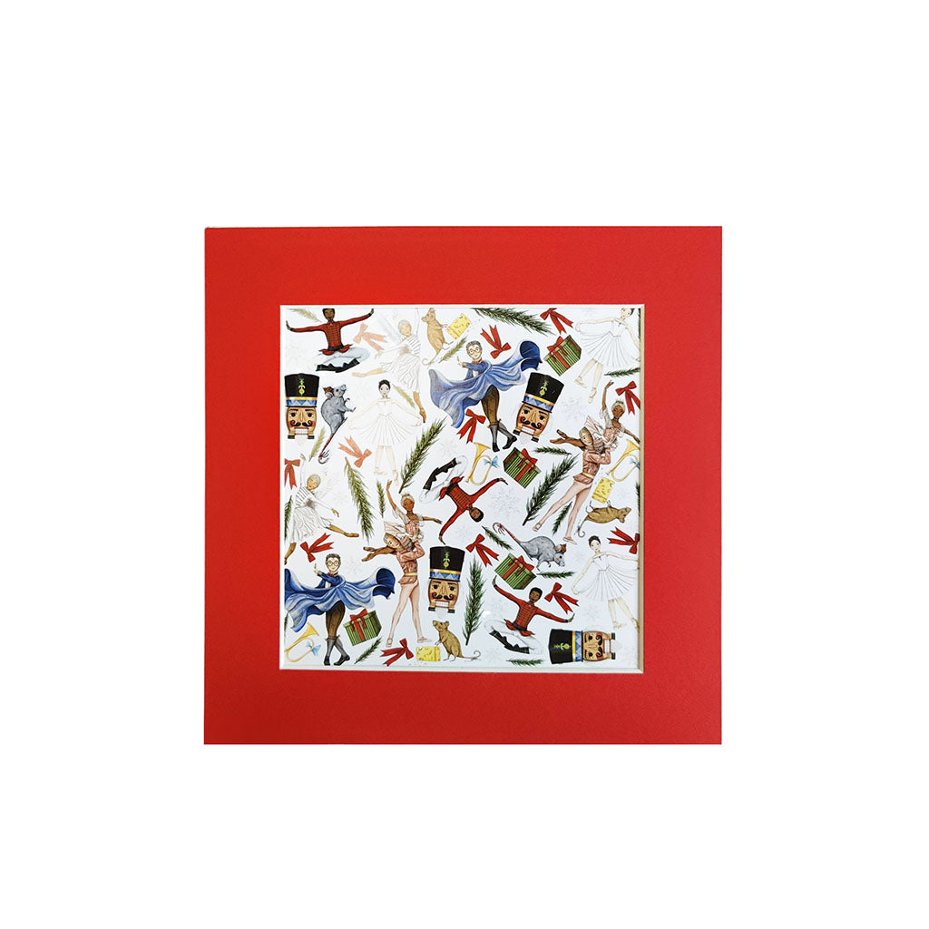Decorative Nutcracker mini print with festive designs of dancers and trees in a red mount