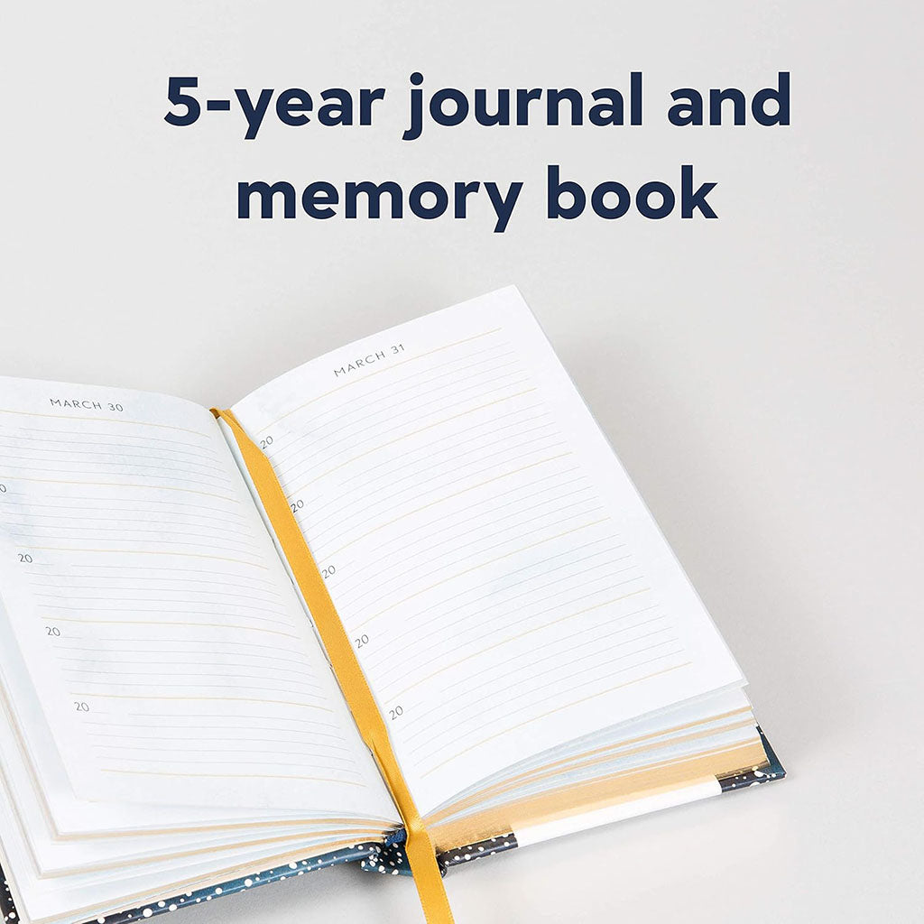 A hardcover memory book standing upright on a white background. The cover is dark blue with scattered gold speckles and a central gold circular label that reads 'ONE LINE A DAY' and 'A FIVE-YEAR MEMORY BOOK'.