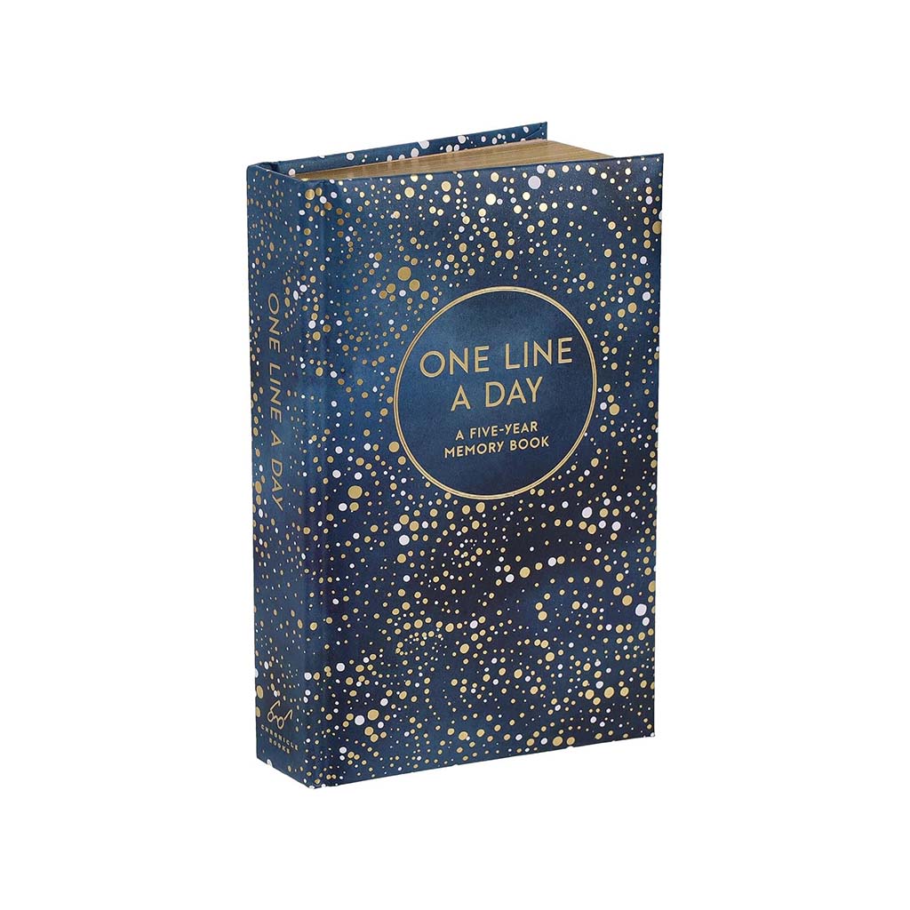 A hardcover memory book standing upright on a white background. The cover is dark blue with scattered gold speckles and a central gold circular label that reads 'ONE LINE A DAY' and 'A FIVE-YEAR MEMORY BOOK'.