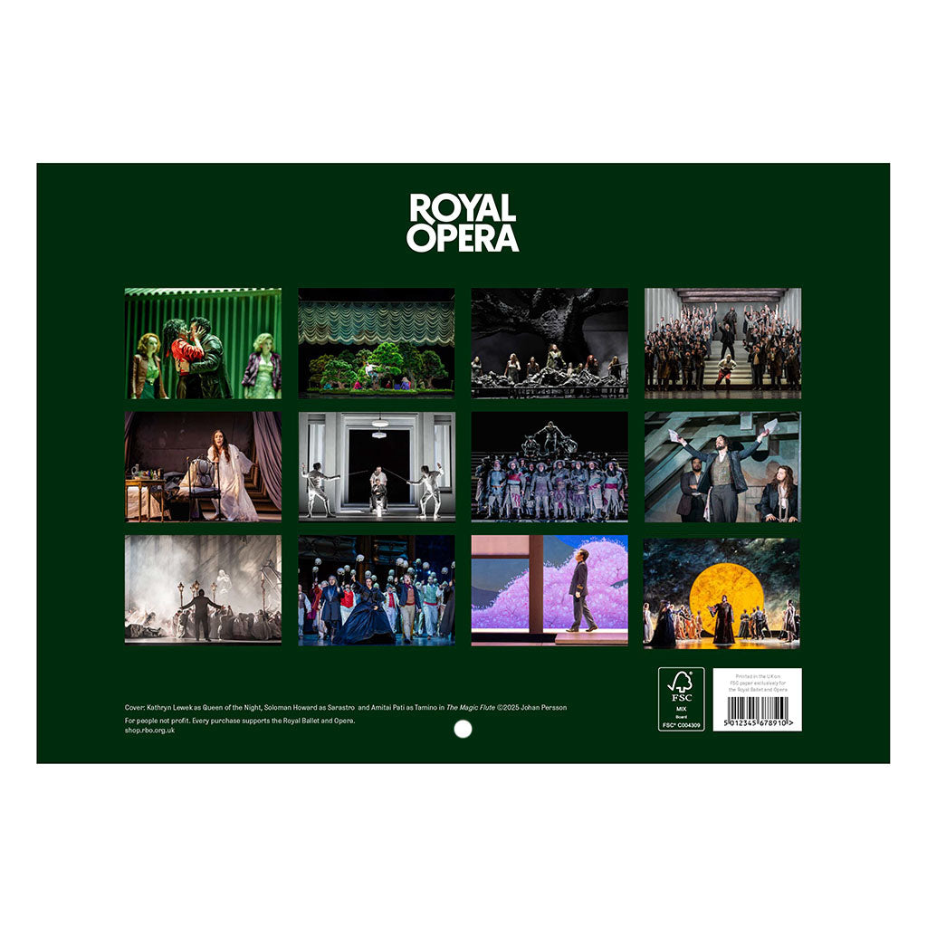 green back cover of the  Royal Opera 2027 calendar with 12 images from Royal Opera Performances on stage on a white background