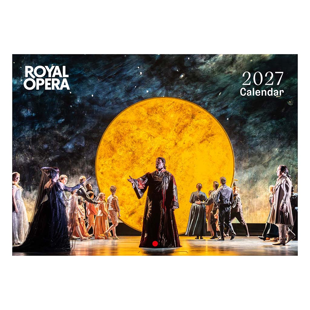 Royal Opera 2027 calendar with an opera performance on stage and a large moon in the background.