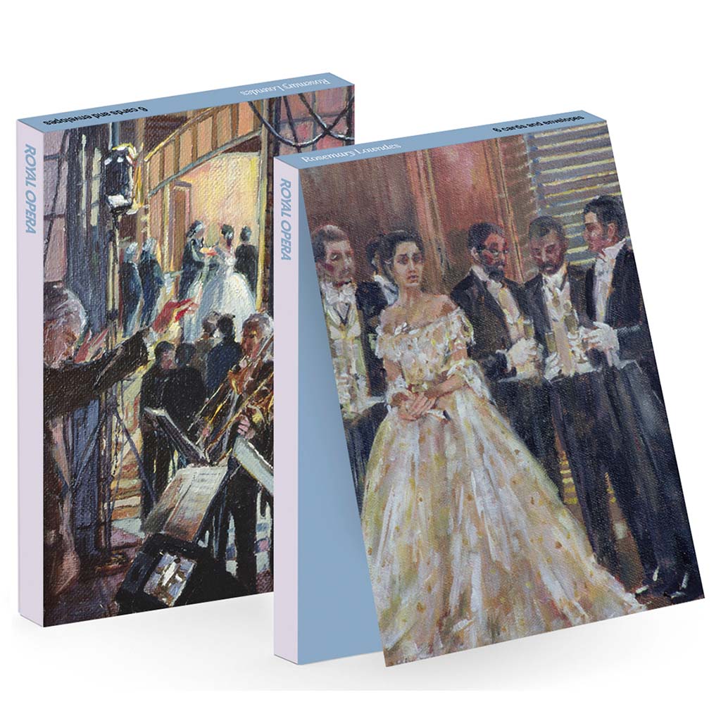 Royal Opera Greeting card pack featuring two oil paintings from La Traviata a conductor with orchestra and an opera singer in a white dress.