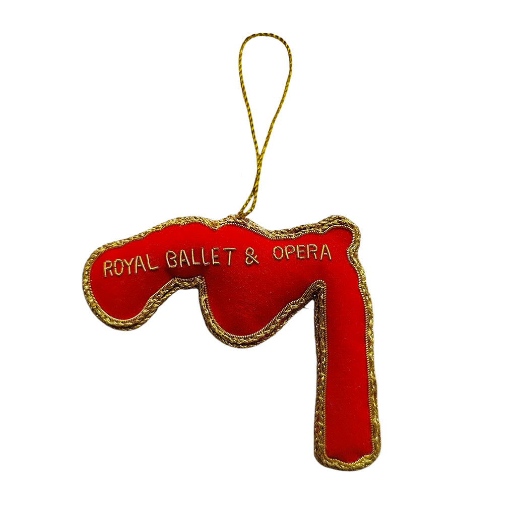 Back view of opera glasses decoration with gold trim and 'Royal Ballet &amp; Opera' text on a white background
