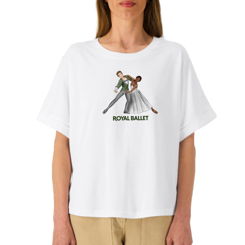 model wearing a white t-shirt with a ballet illustration inspired by Giselle