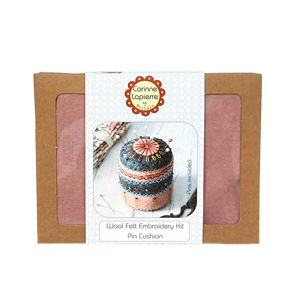 Carine Lapierre wool felt embroidery kit pin cushion packaging on a white background