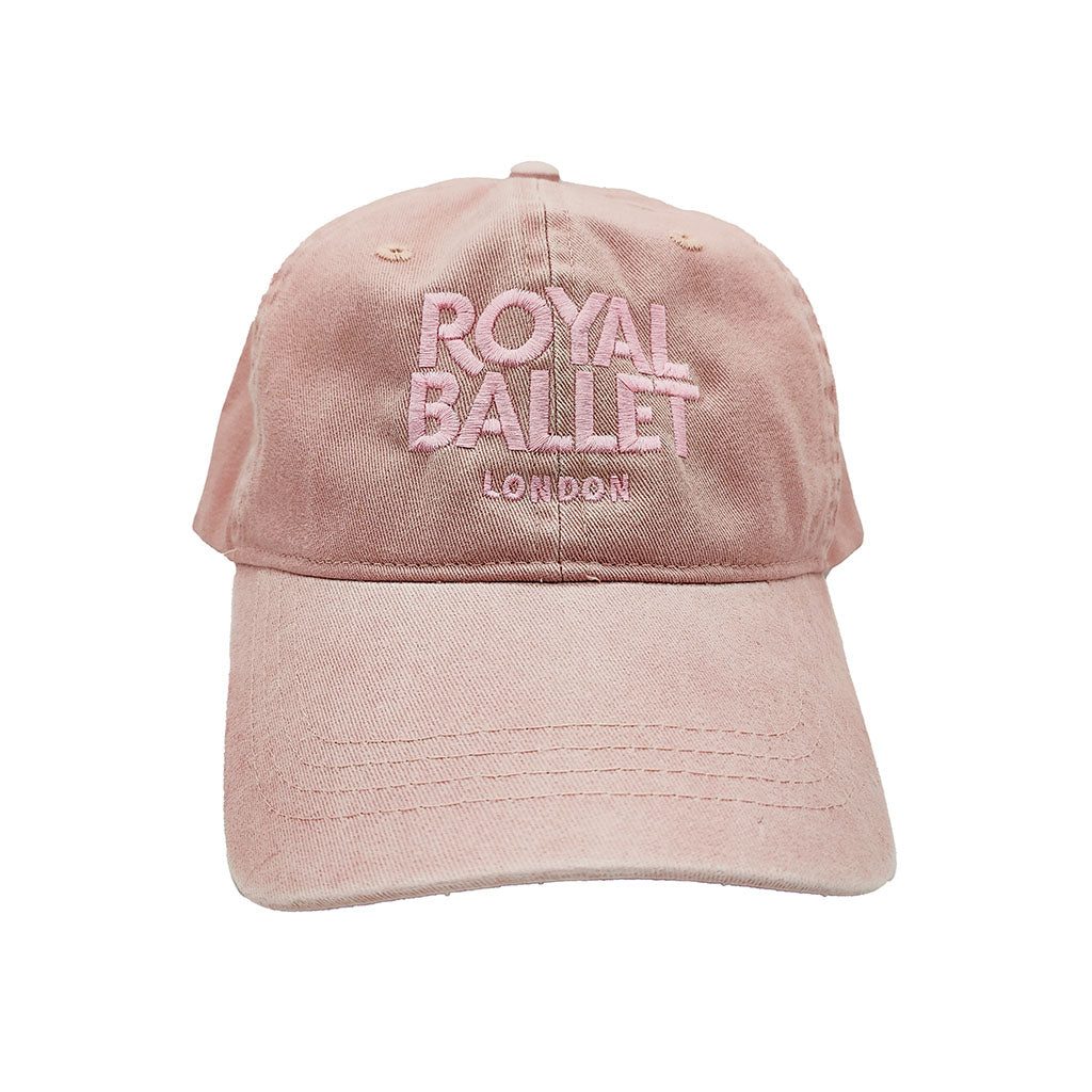 Pink cap with &#39;Royal Ballet London&#39; text on a white background