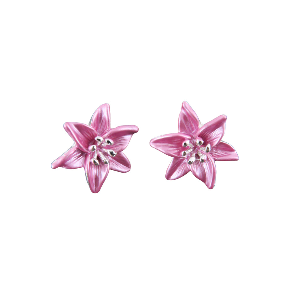 Pair of pink flower-shaped earrings on a white background