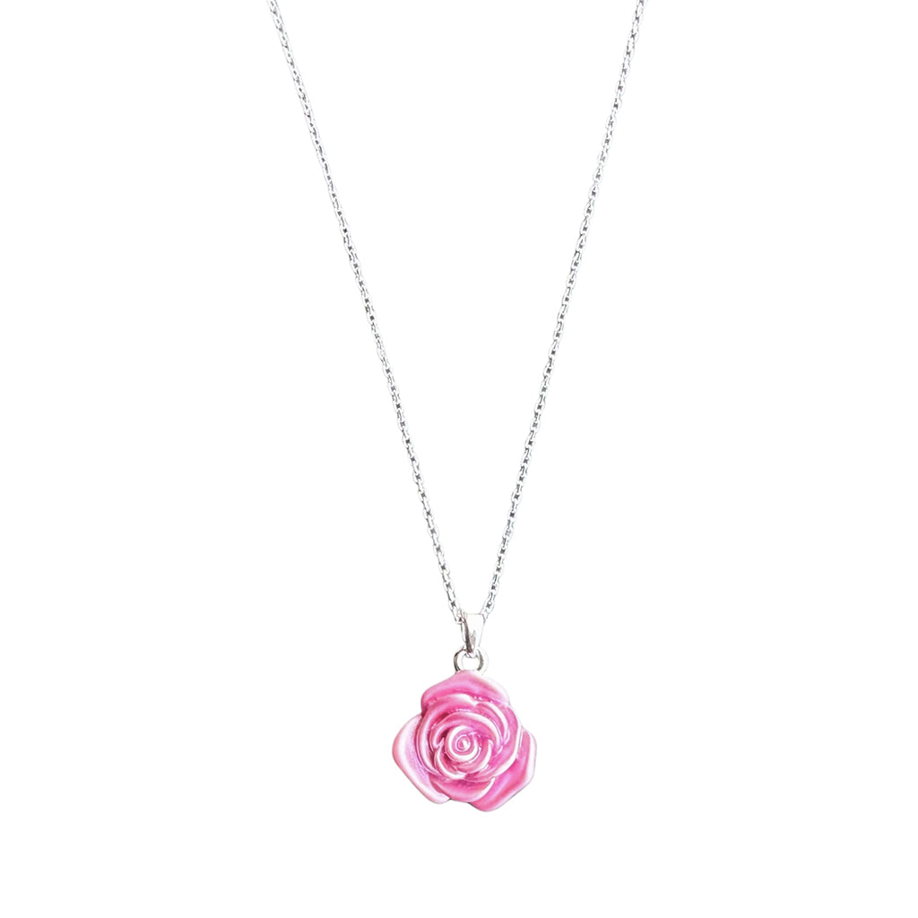Pink rose-shaped pendant on a silver chain against a white background