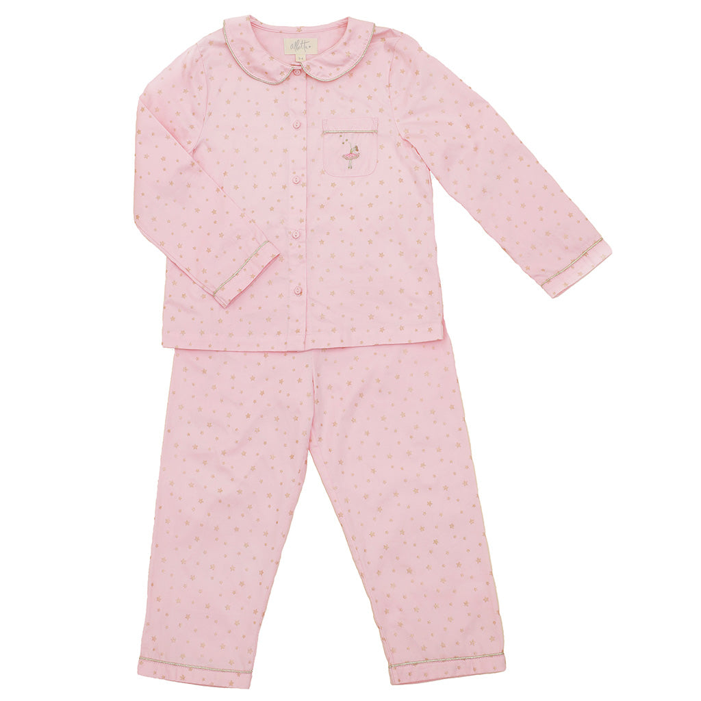Pink children&#39;s pajama set with a subtle star pattern and ballerina pocket  a white background
