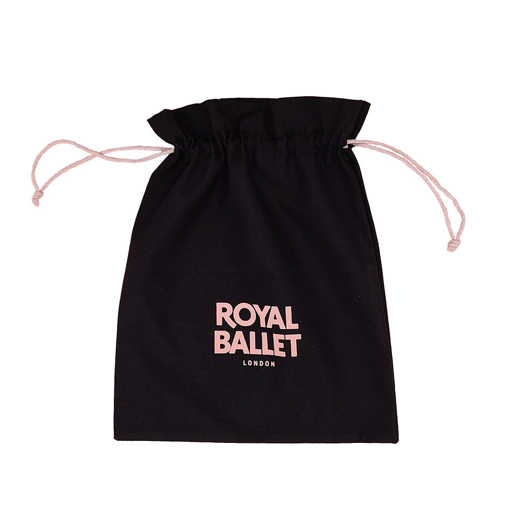 Black drawstring bag with pink 'Royal Ballet London' text on a white background