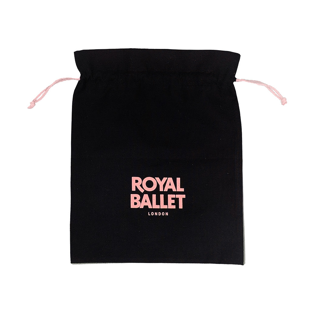Black drawstring bag with pink 'Royal Ballet London' text on a white background