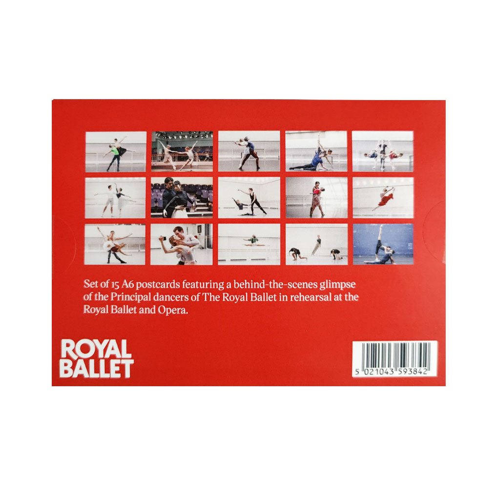 Back view of a postcard pack with 15 thumbnail postcard images featuring Royal Ballet dancers in rehearsal, with a red border and &#39;Royal Ballet&#39; branding.