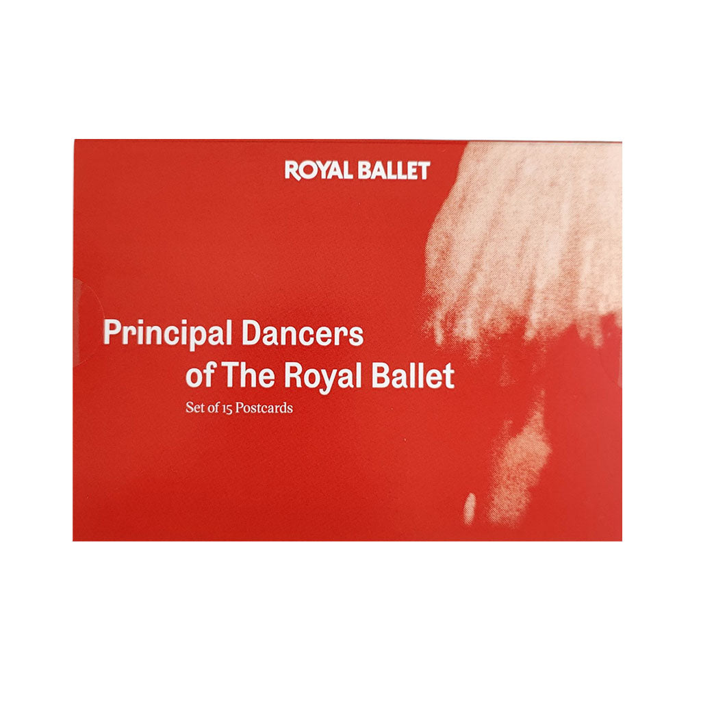 Red cover of postcard pack with &#39;Royal Ballet&#39; text and silhouette of a dancer on a white background