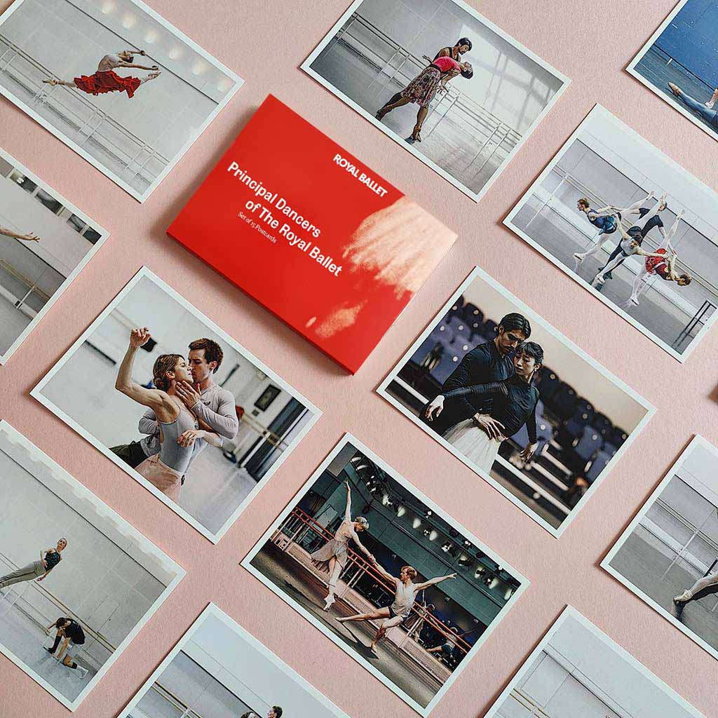Red cover of postcard pack with 'Royal Ballet' text and silhouette of a dancer on a white background