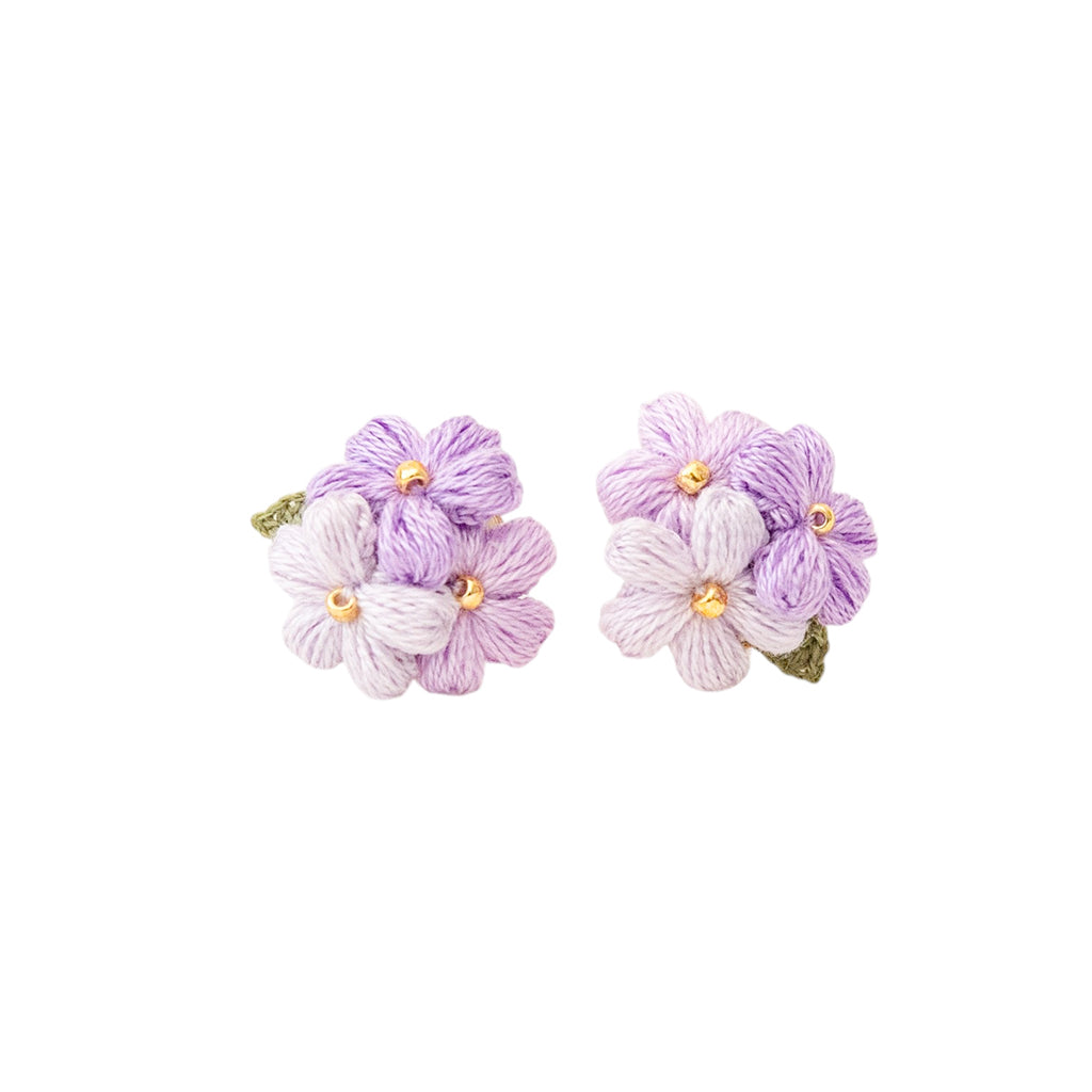purple micro crochet floral earrings on a white background