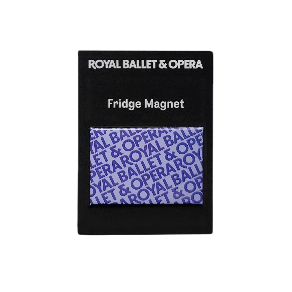 Purple fridge magnet on black card with &#39;Royal Ballet &amp; Opera&#39; text on a white background