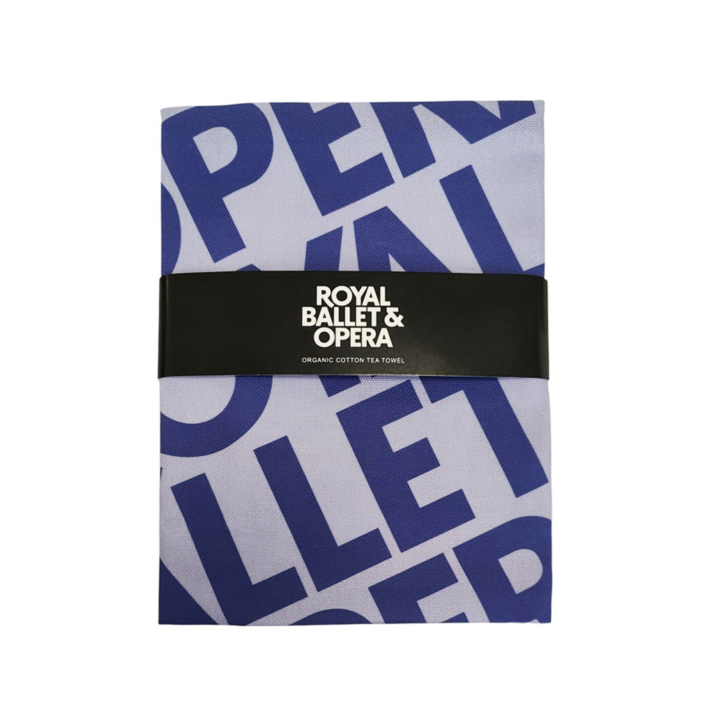 Purple RBO tea towel with &#39;Royal Ballet &amp; Opera&#39; branding on a white background