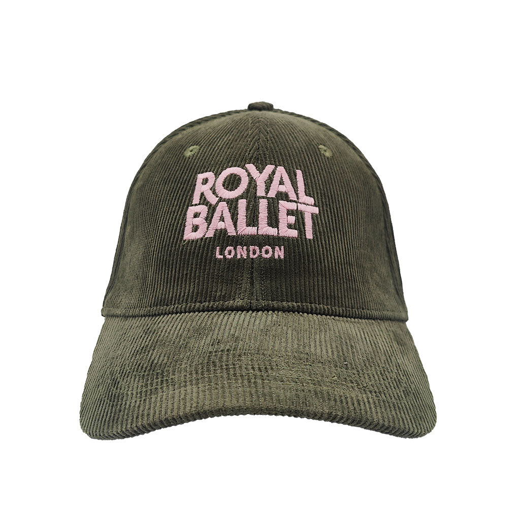 Green cap with &#39;Royal Ballet London&#39; in pink embroidered text on a white background