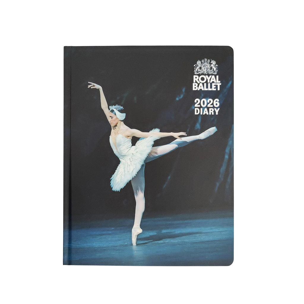 2026 Royal Ballet diary with a dancer in a white Swan Lake costume on a black background