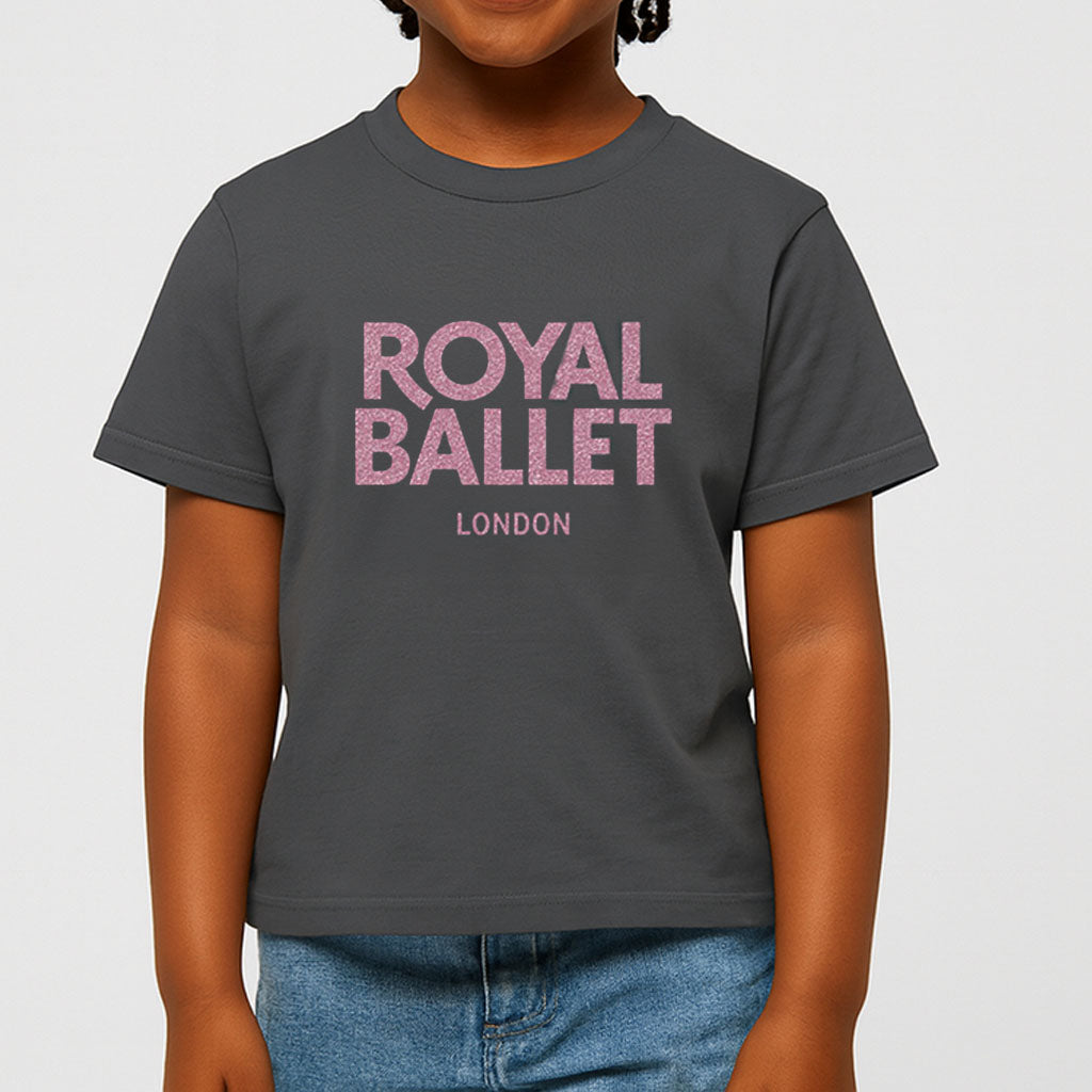 Child wearing  gray t-shirt with 'ROYAL BALLET LONDON' printed in pink.