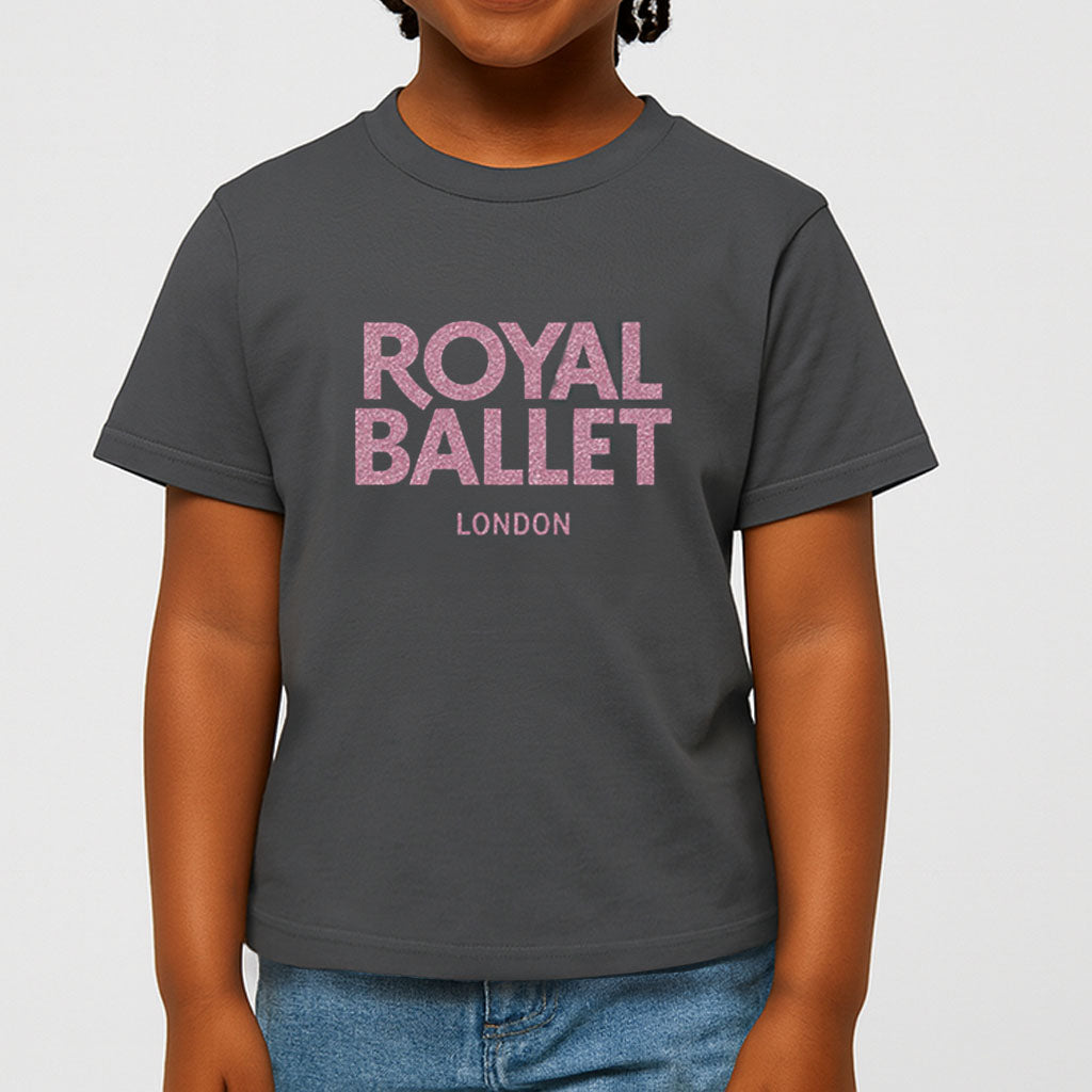 Child wearing  gray t-shirt with &#39;ROYAL BALLET LONDON&#39; printed in pink.