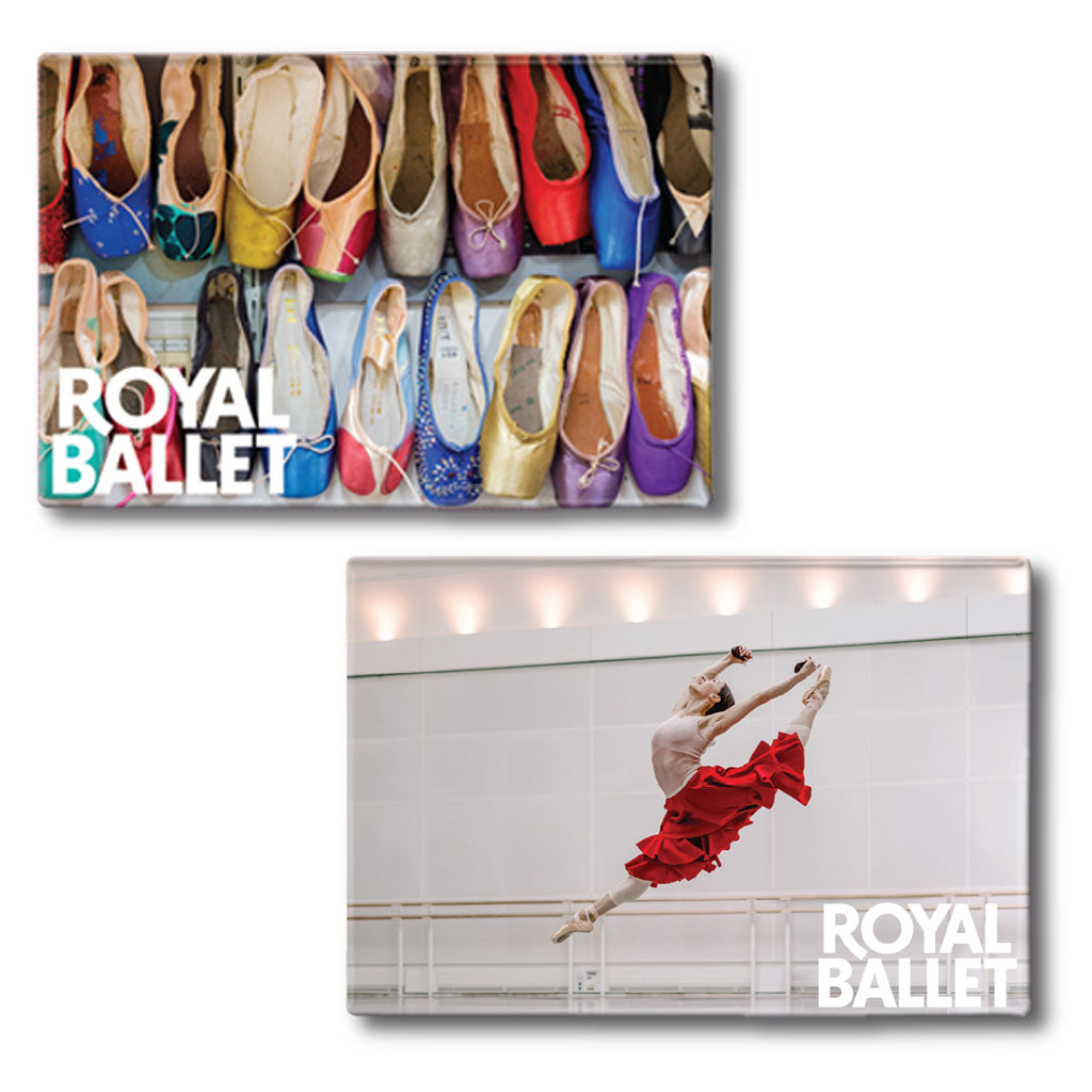 Two 'Royal Ballet' themed magnets: colourful ballet shoes and a dancer in a red skirt on a white background.
