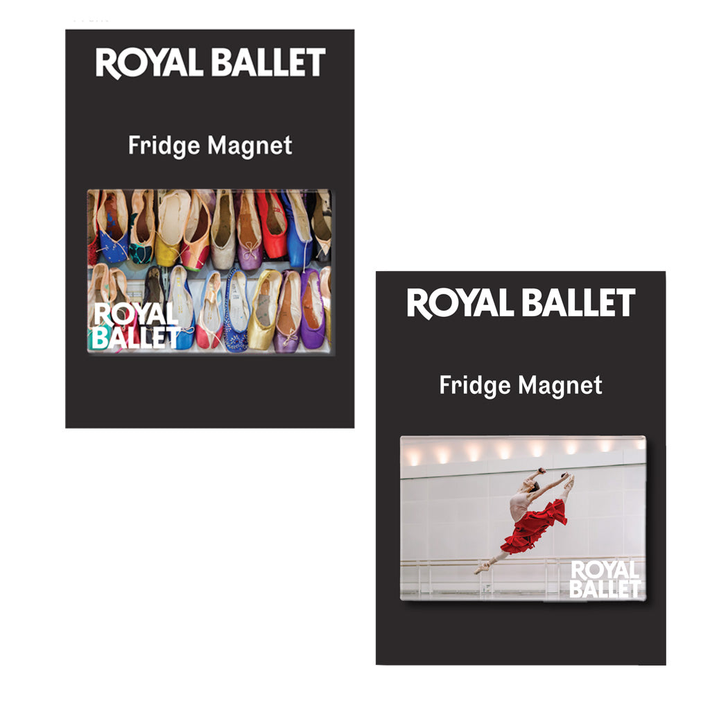 Two 'Royal Ballet' themed magnets: colourful ballet shoes and a dancer in a red skirt on a white background.