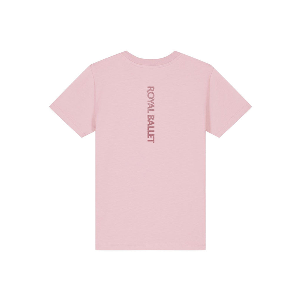 Pink kids t-shirt with 'ROYAL BALLET' text on the back against a white background