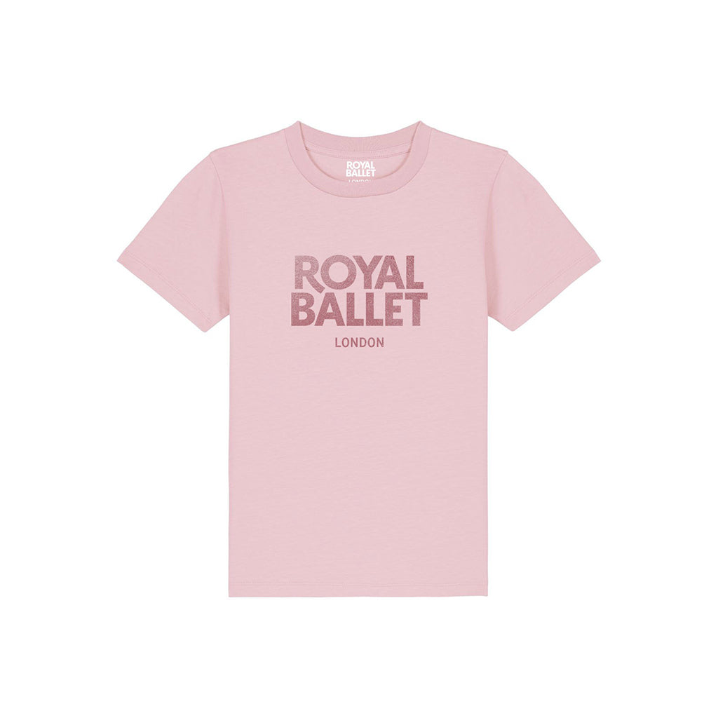 Pink kids t-shirt with 'Royal Ballet London' text on a white background