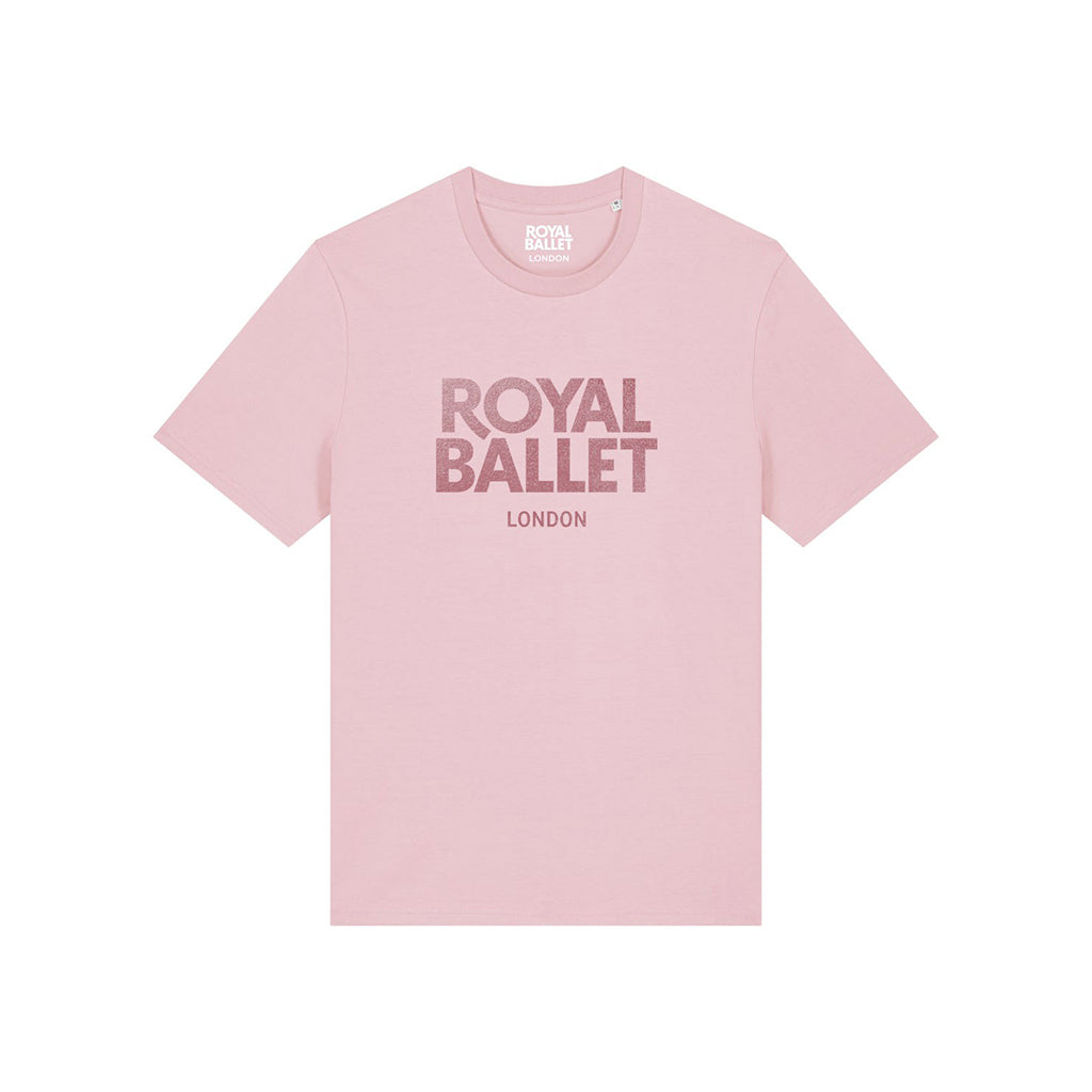 Pink cotton t-shirt with Royal Ballet London text in pink glitter on a white background