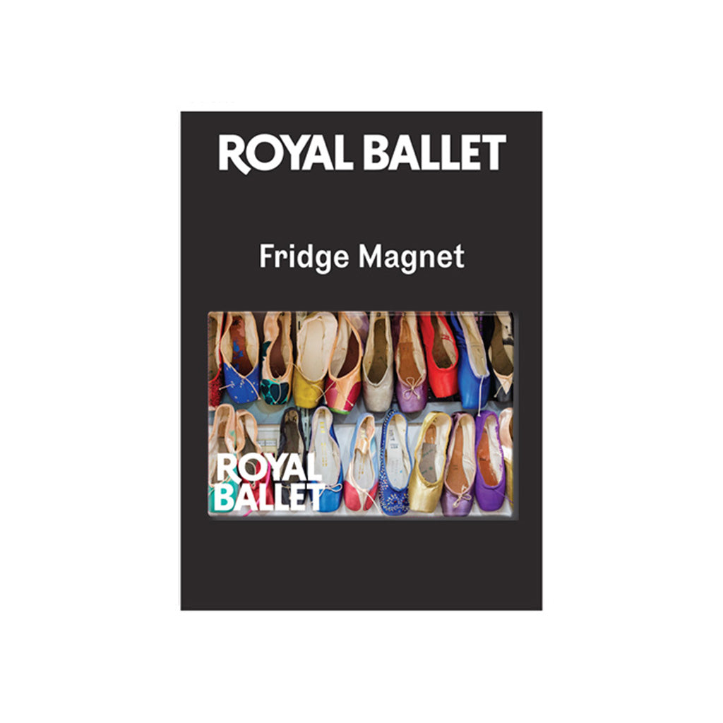 A rectangular black product card with a colourful Royal Ballet fridge magnet, featuring dyed point shoes with white text reading 'ROYAL BALLET' and 'Fridge Magnet' 