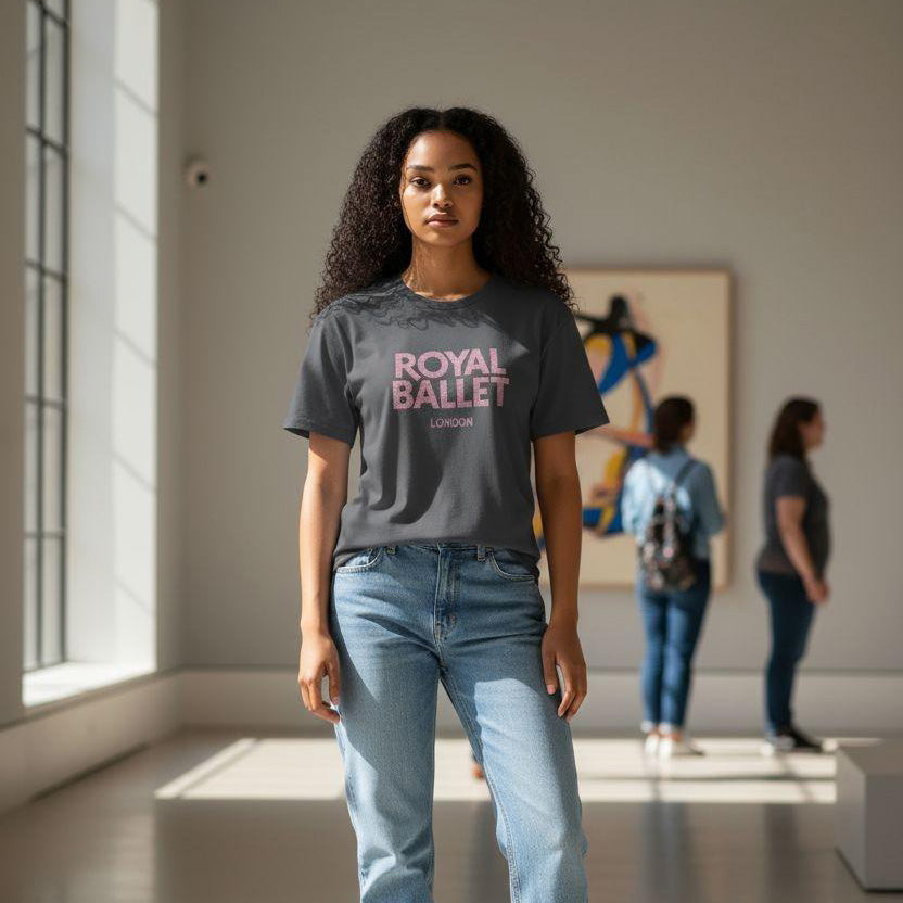 Woman wearing a &#39;Royal Ballet&#39; t-shirt in an art gallery setting