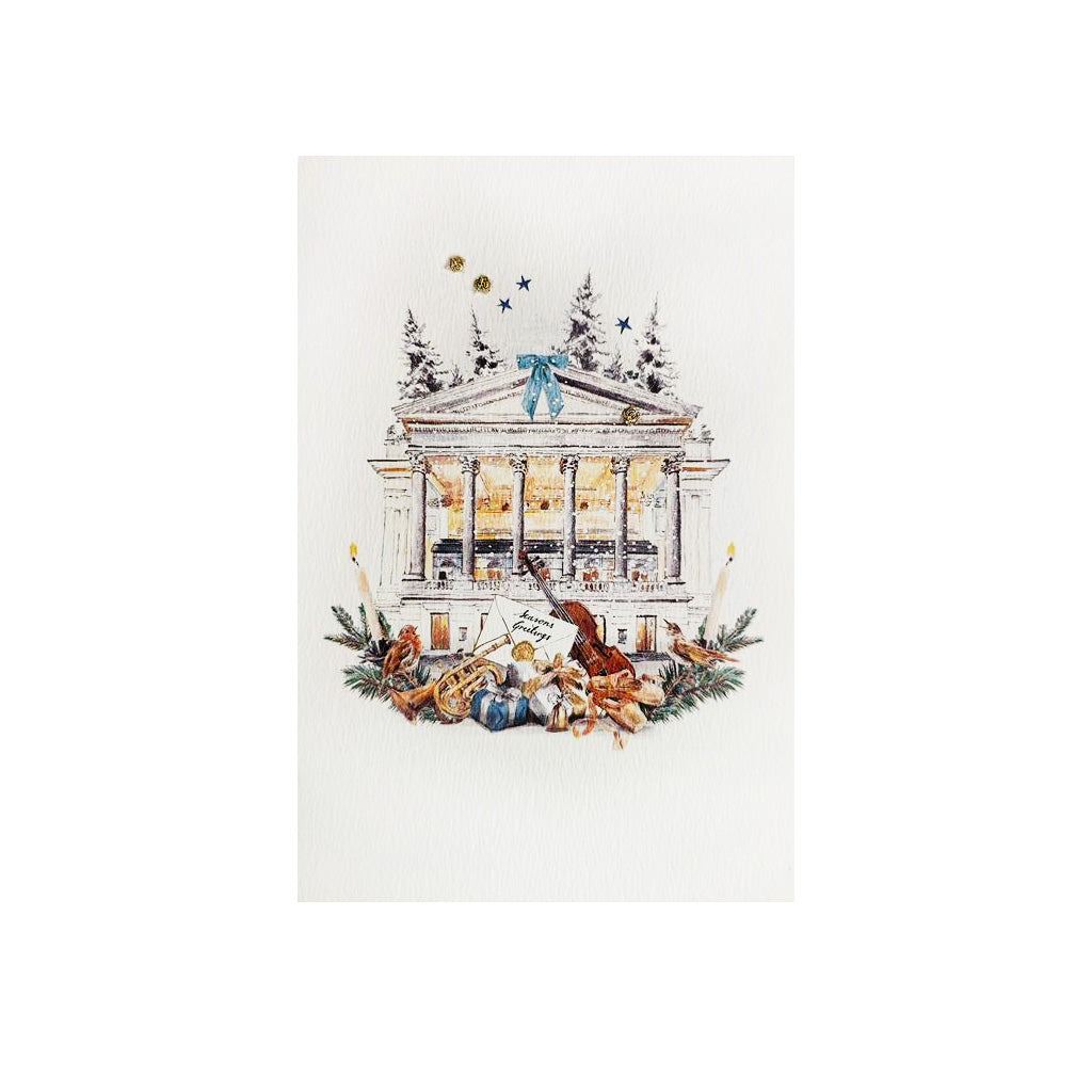 Decorative card with rbo building, Christmas elements, and a bow on a white background