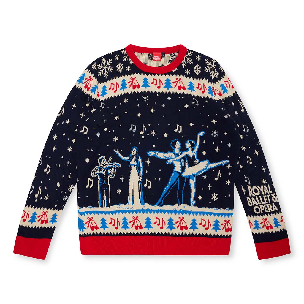 RBO Christmas jumper with festive ballet and opera design on a white background