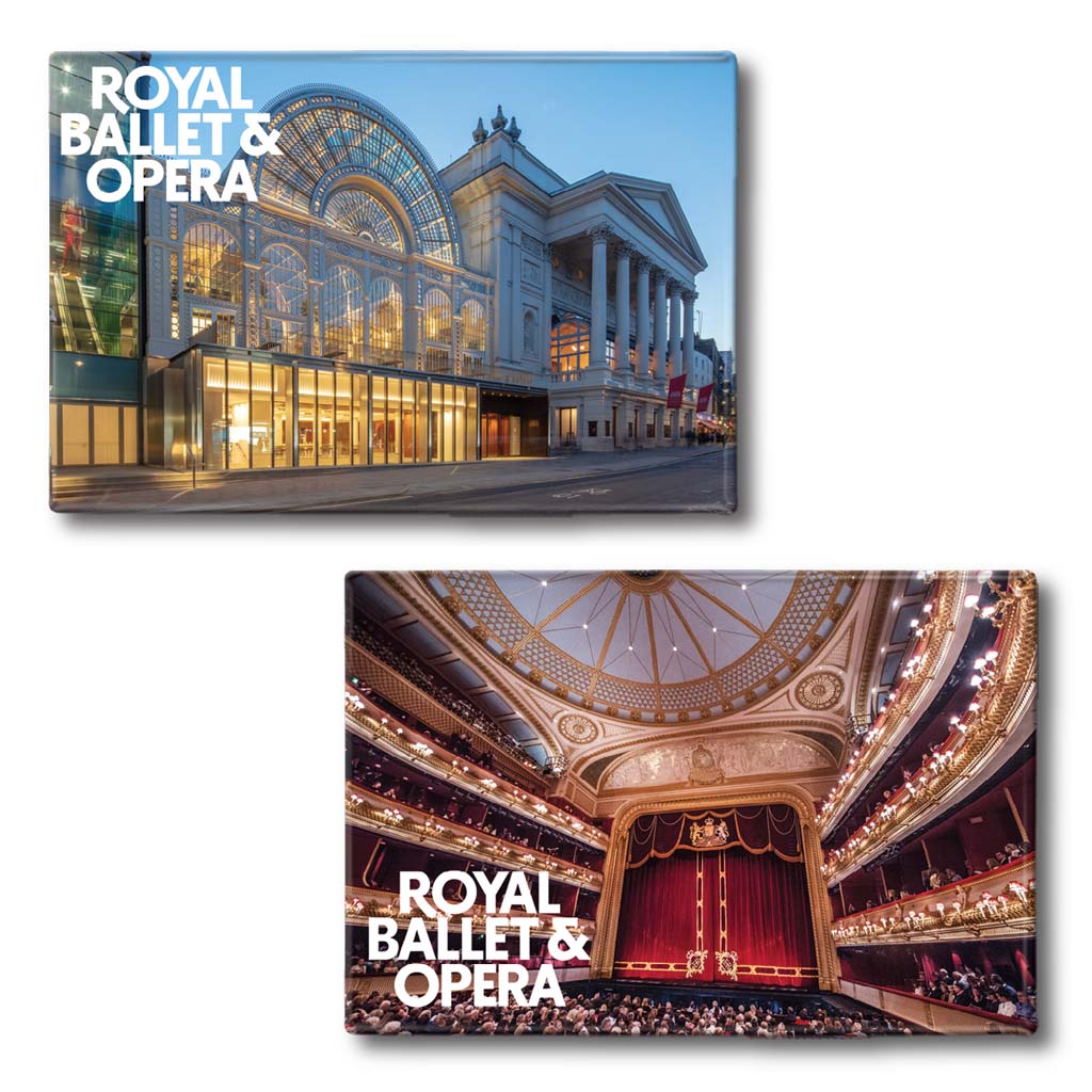 Two magnets of the Royal Ballet &amp; Opera building, one showing the exterior and the other the interior.