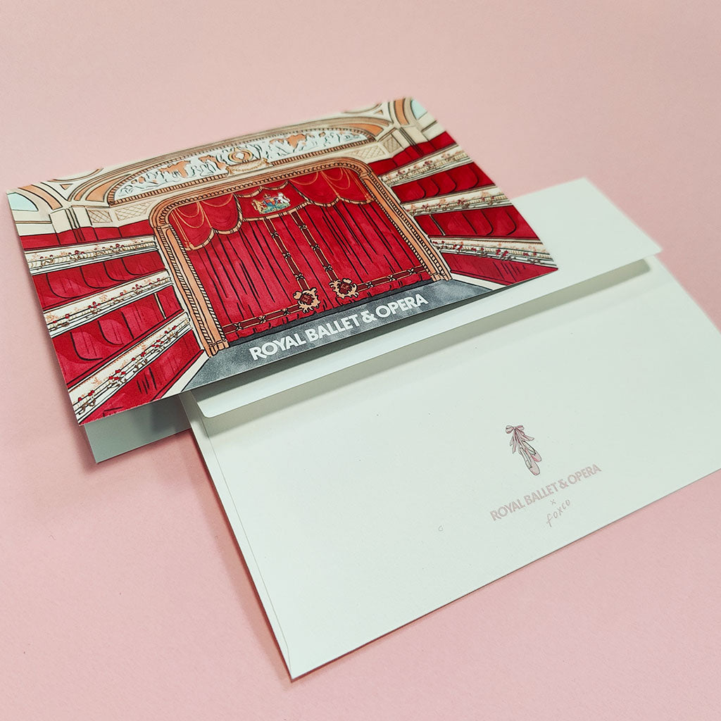 Pop up greeting card with illustrations of  the RBO Auditorium on the front, featuring &#39;Royal Ballet &amp; Opera&#39; text with an envelope on a pink background