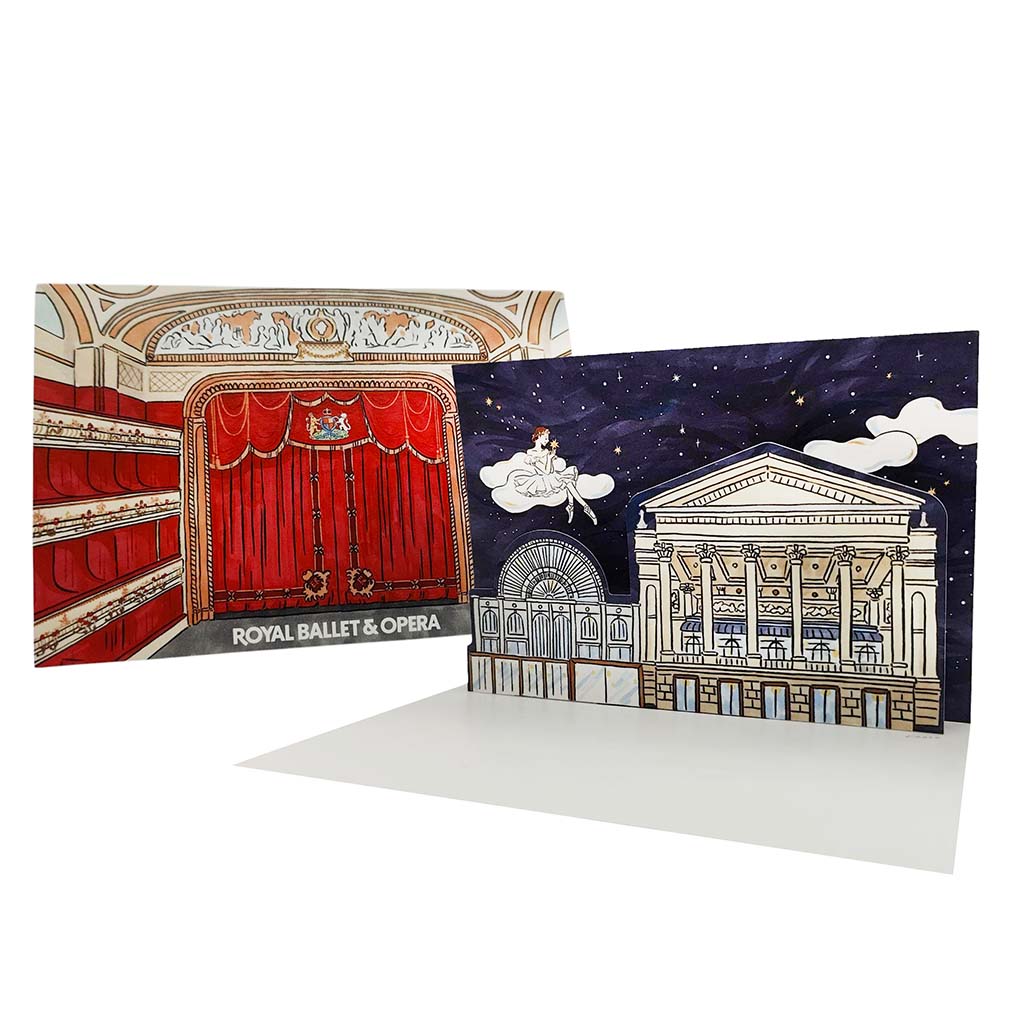 Pop up greeting card with illustrations of  the RBO inside and out, featuring &#39;Royal Ballet &amp; Opera&#39; text.