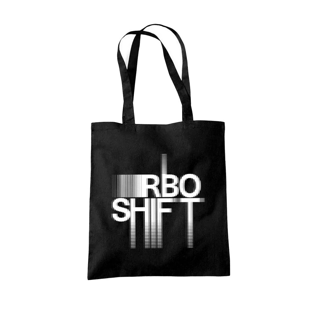 Black tote bag with white 'RBO Shift' text on a white background