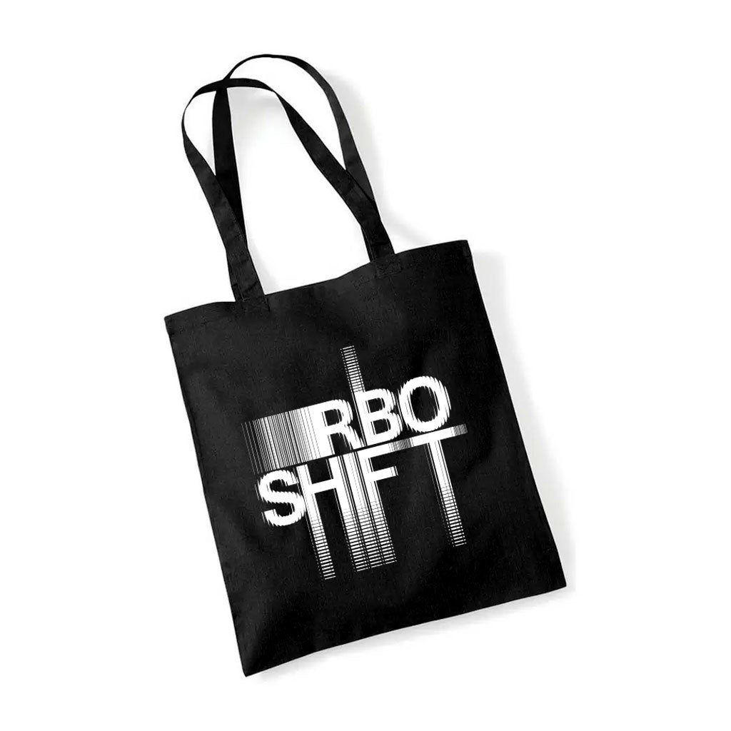 Black tote bag with 'RBO SHIFT' text on a white background