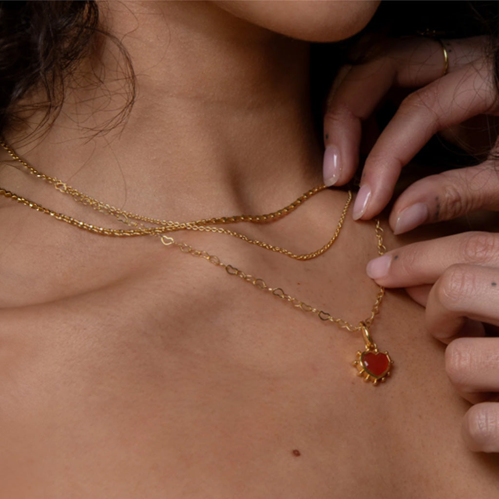 Red Heart Charm Necklace on model