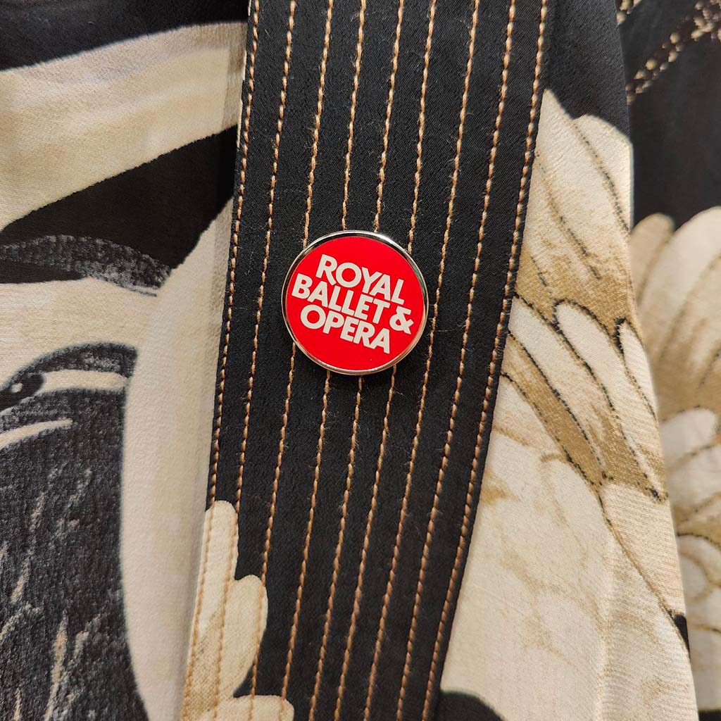 Red Royal Ballet and Opera Pin Badge on kimono jacket