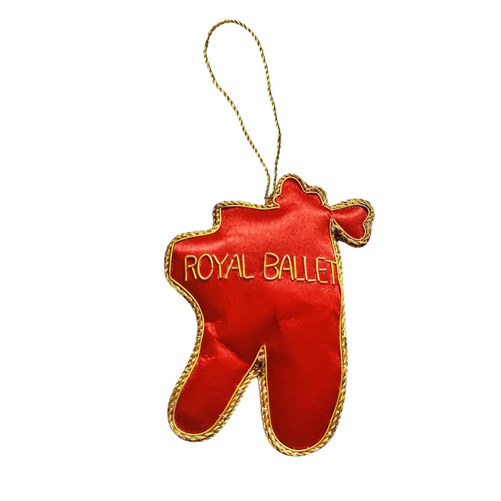 Red satin back of the ballet shoe decoration with 'Royal Ballet' text on gold thread on a white background