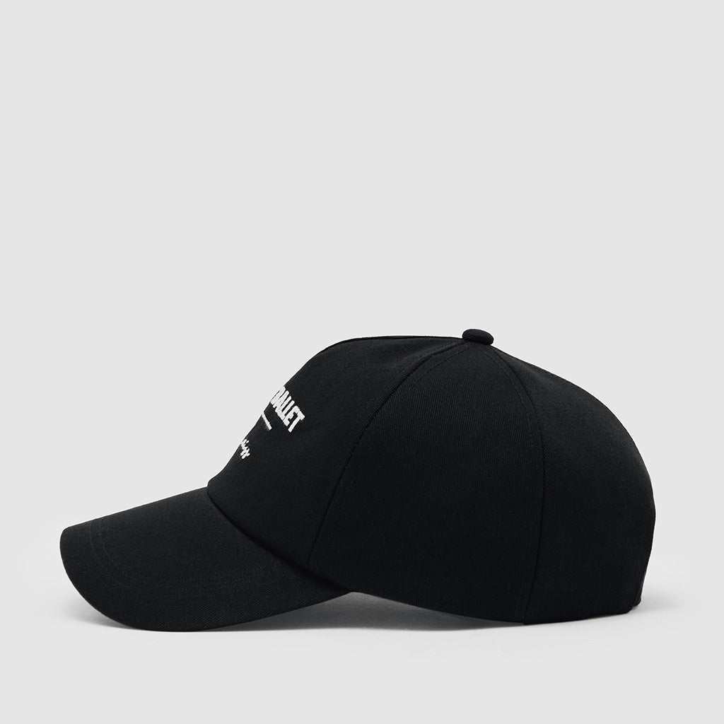 Black baseball cap with with embroidered text &#39;Royal Ballet Reiss&#39;   on a light gray background