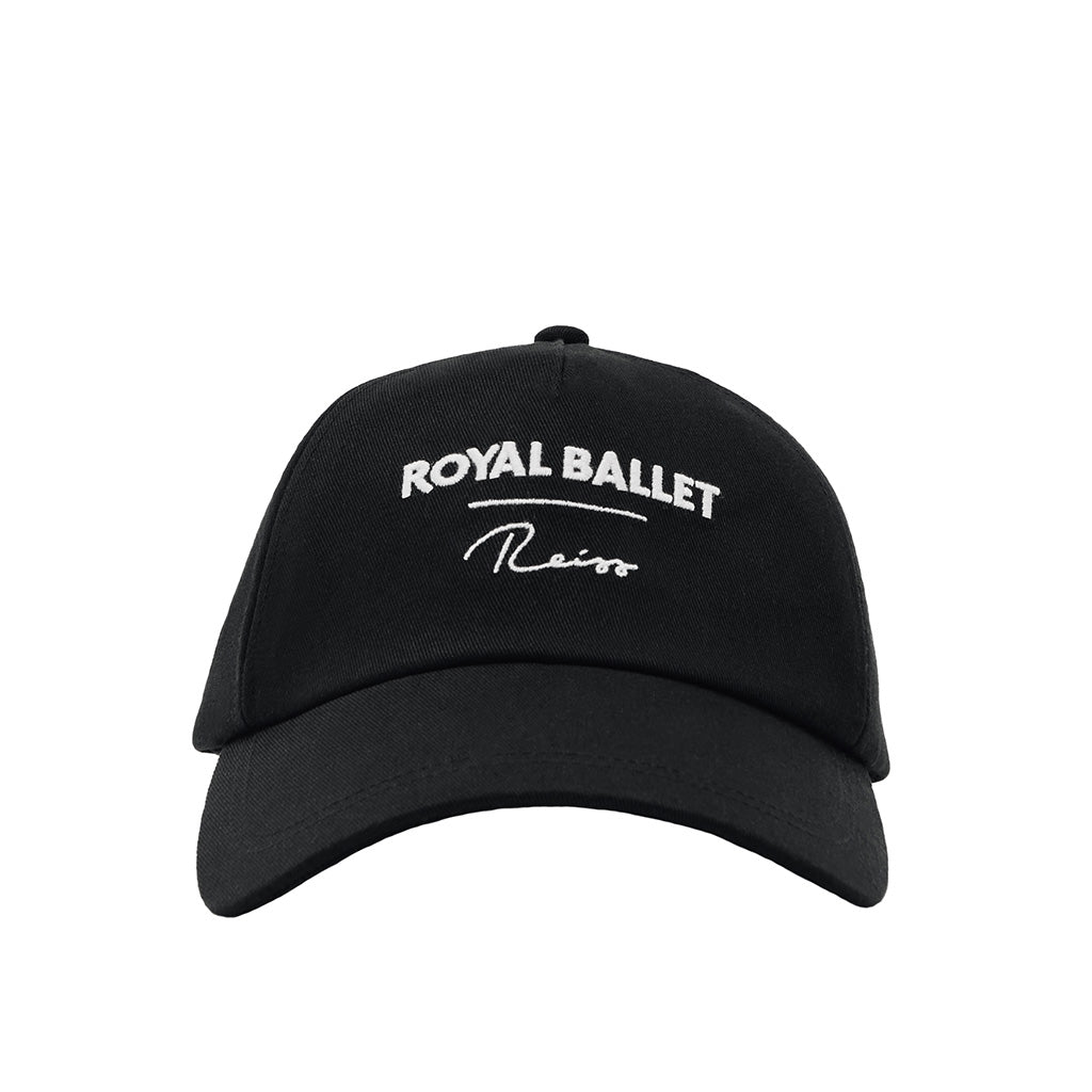 Black cap with &#39;Royal Ballet Reiss&#39; text on a white background