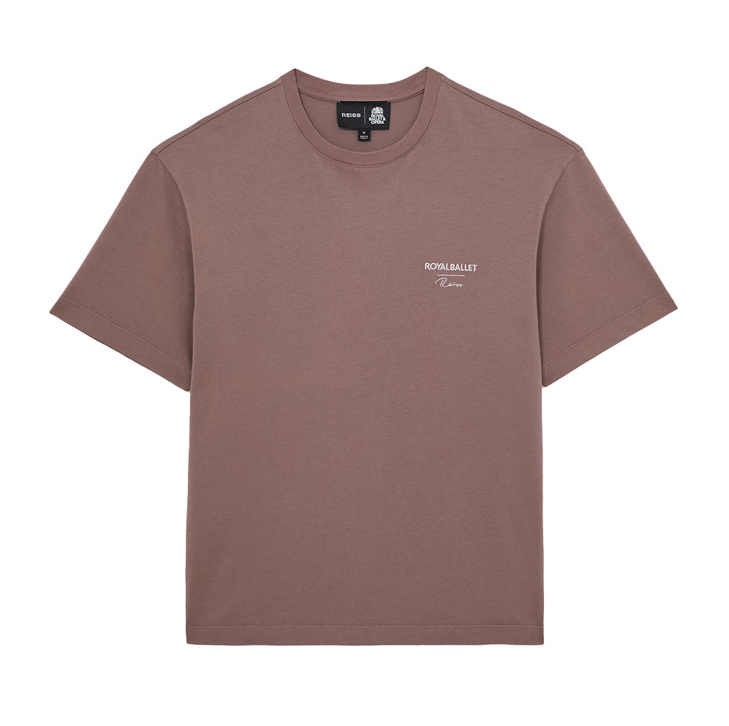 Dusky rose pink oversized t-shirt with  Royal Ballet Reiss on the left chest on a white background