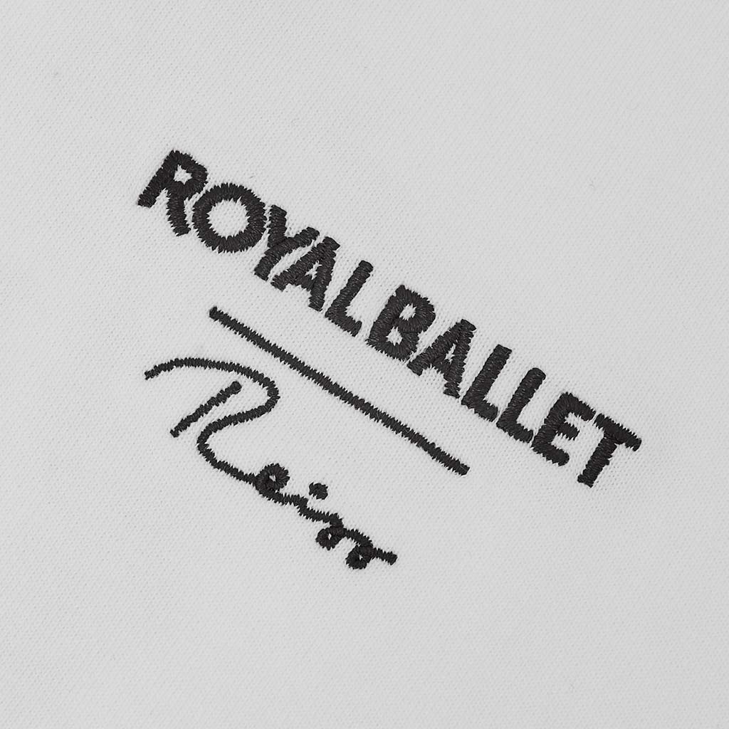 Embroidered &#39;Royal Ballet&#39; logo on a white fabric background