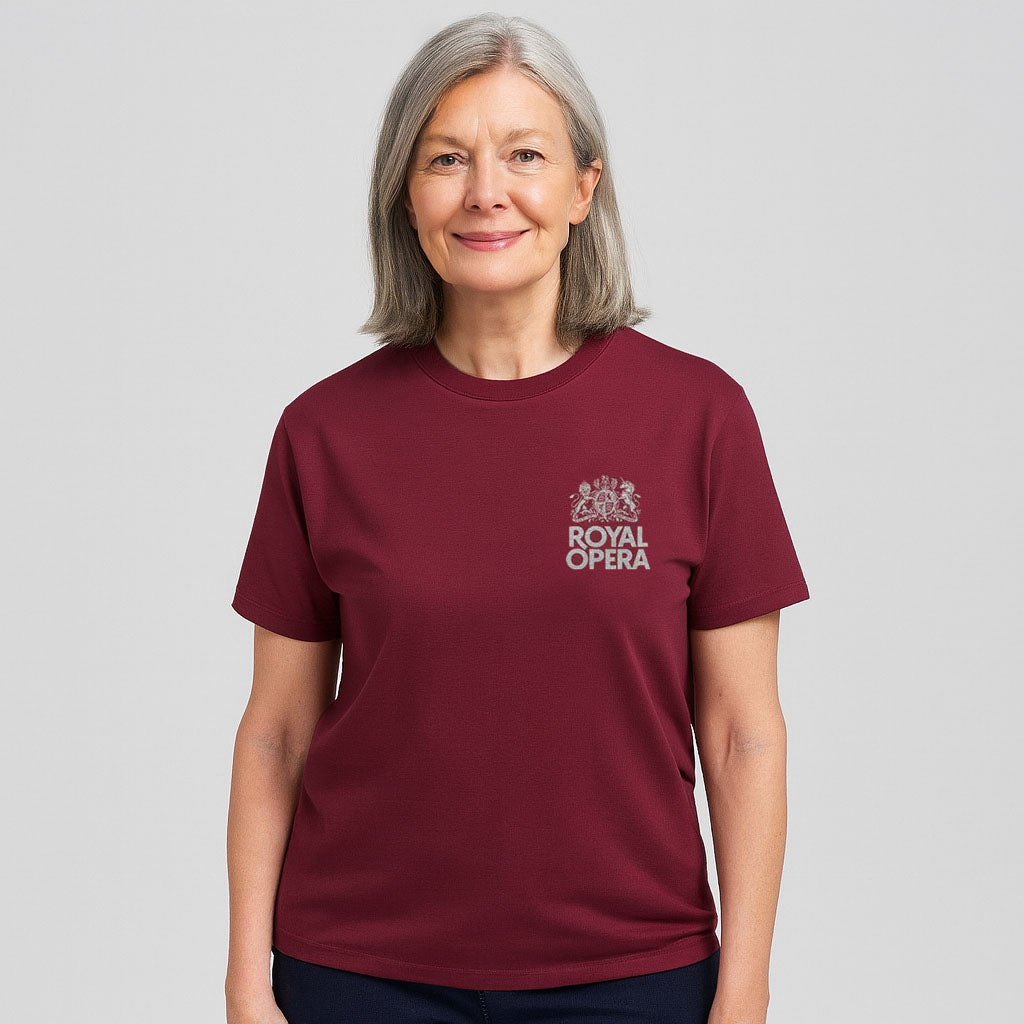 model wears a burgundy Royal Opera T-shirt in front of a light grey background