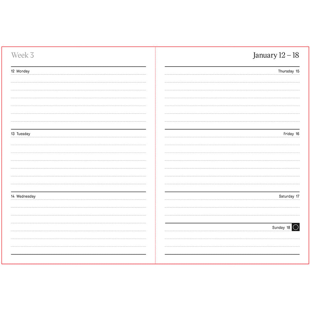 Weekly planner page with days of the week and dates inside the Royal Opera Diary