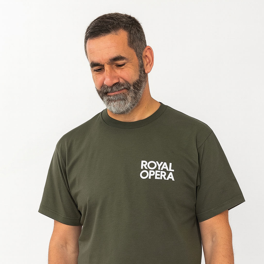 model wears Khaki green t-shirt with white &#39;Royal Opera&#39; text on the left chest against a white background